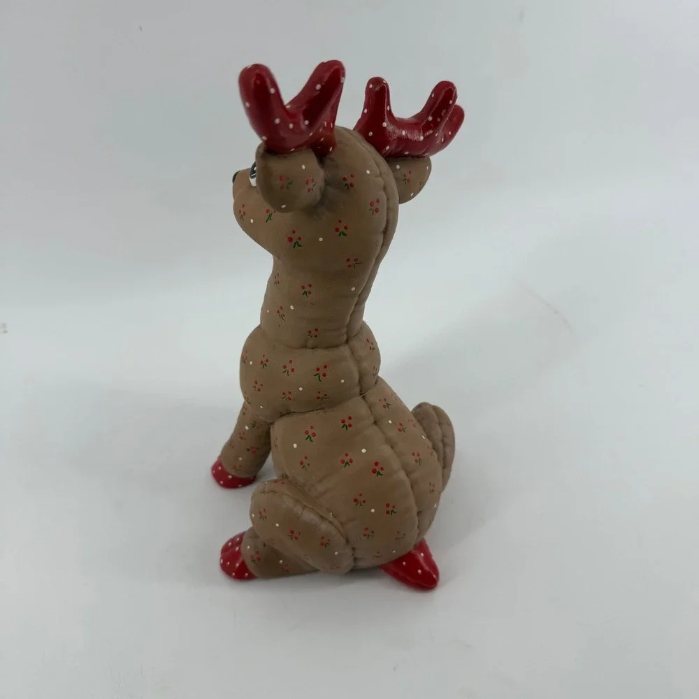 Vintage 1986 Signed Kimple Mold Quilted Christmas Ceramic Reindeer & Sleigh Set